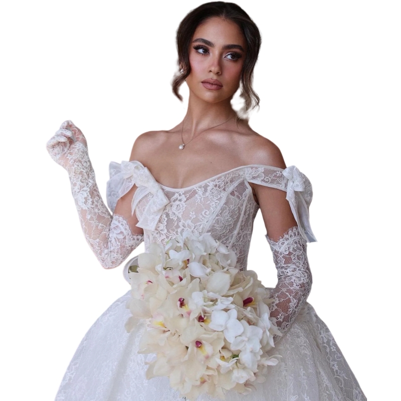 Graceful Full Lace Wedding Dresses Bow Off Shoulder Corset Bridal Gowns Back Lace-up Court Train Ivory Boho Elegant Vestido De Novia 2025