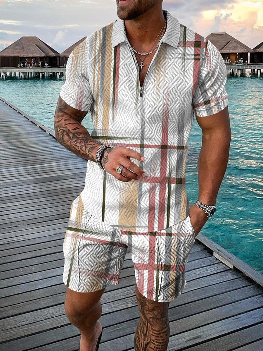 Summer Mens Tracksuit Cotton Solid Color Short Sleeve Zipper Polo Shirt Shorts Set for Men Casual Streetwear 2-piece Suit 250113