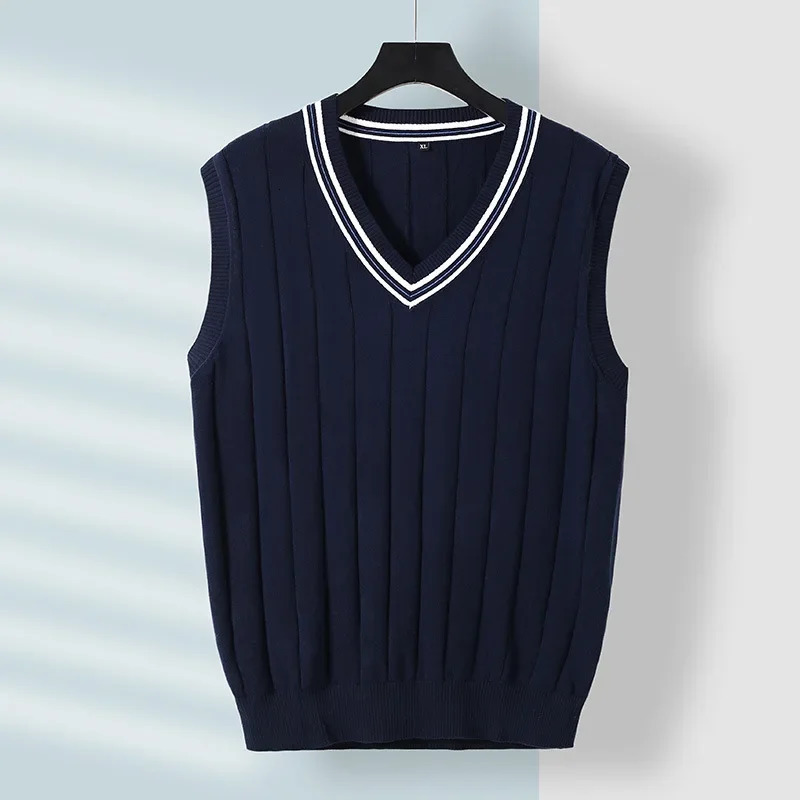 Winter Men Knit Vest Casual Knitted Sweater Cotton Waistcoat vNeck Knitwear Mens Slim Fit Striped Man Clothing 250114