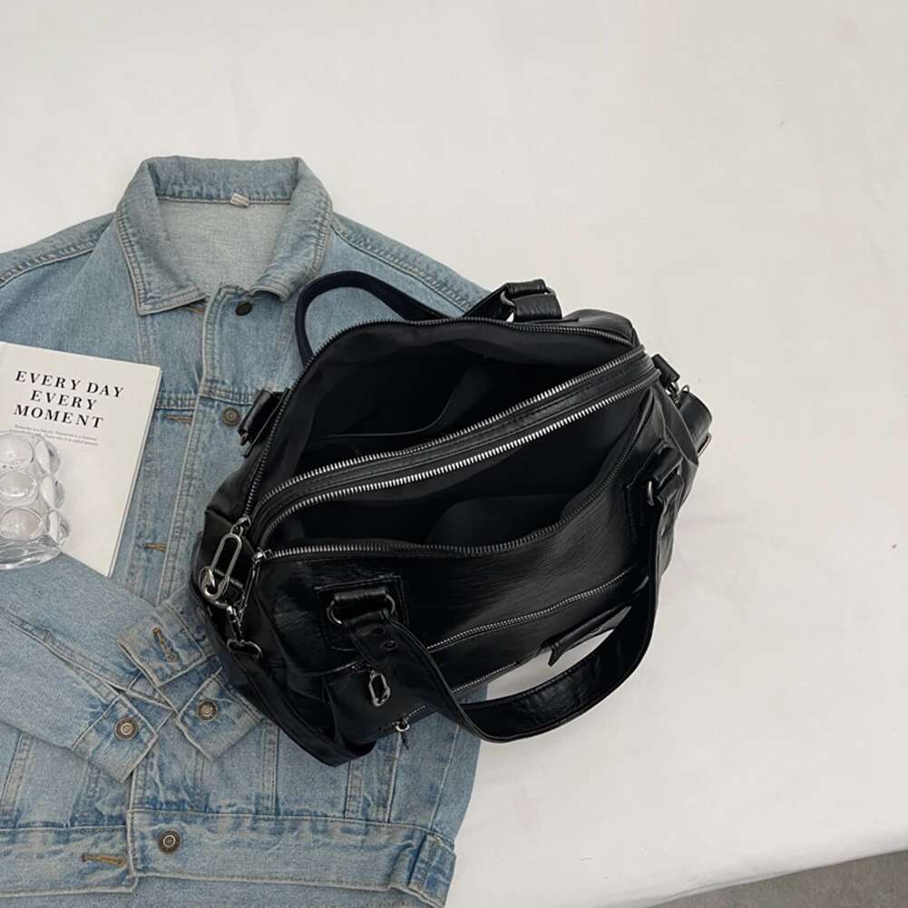Women Casual Satchel Solid Color PU Leather Stylish Handbag Large Capacity Multi Pocket Tote Shopping Bag