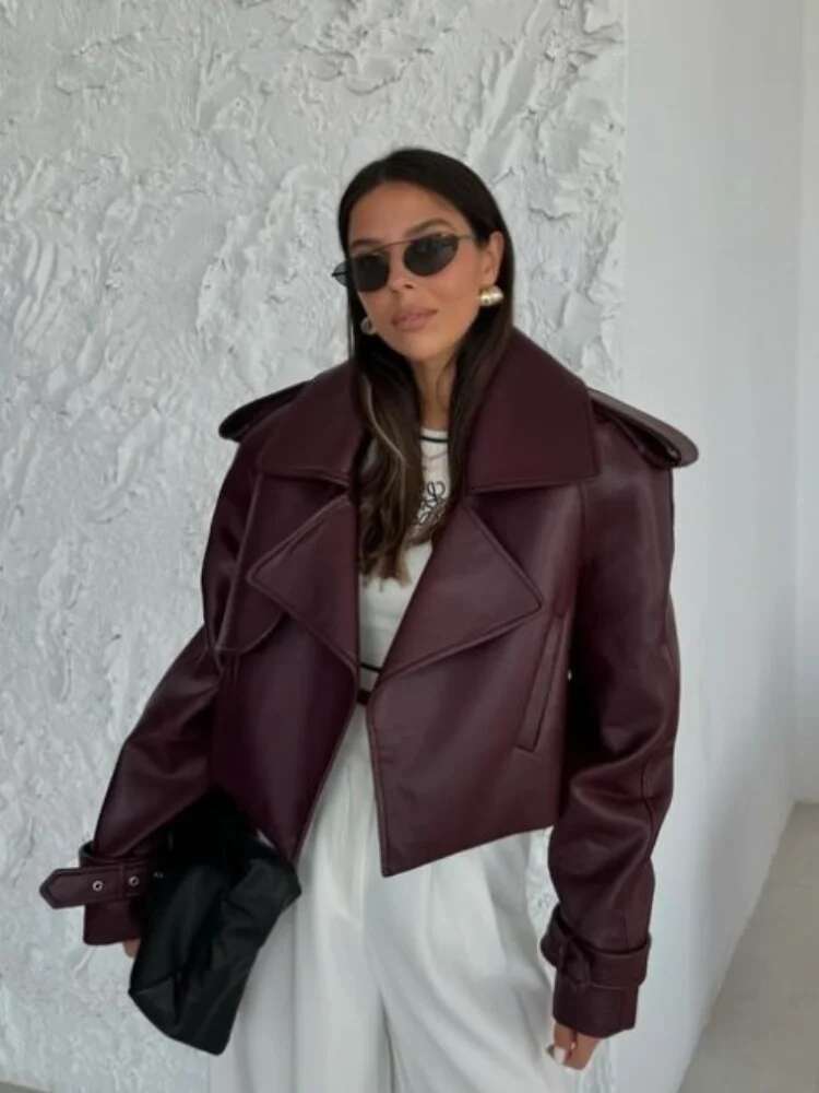 Vintage Solid Color Lapel Shoulder Pads Short Coat Pockets Long Sleeves Women's Leather Jacke 2024 Female Autumn High Streetwear