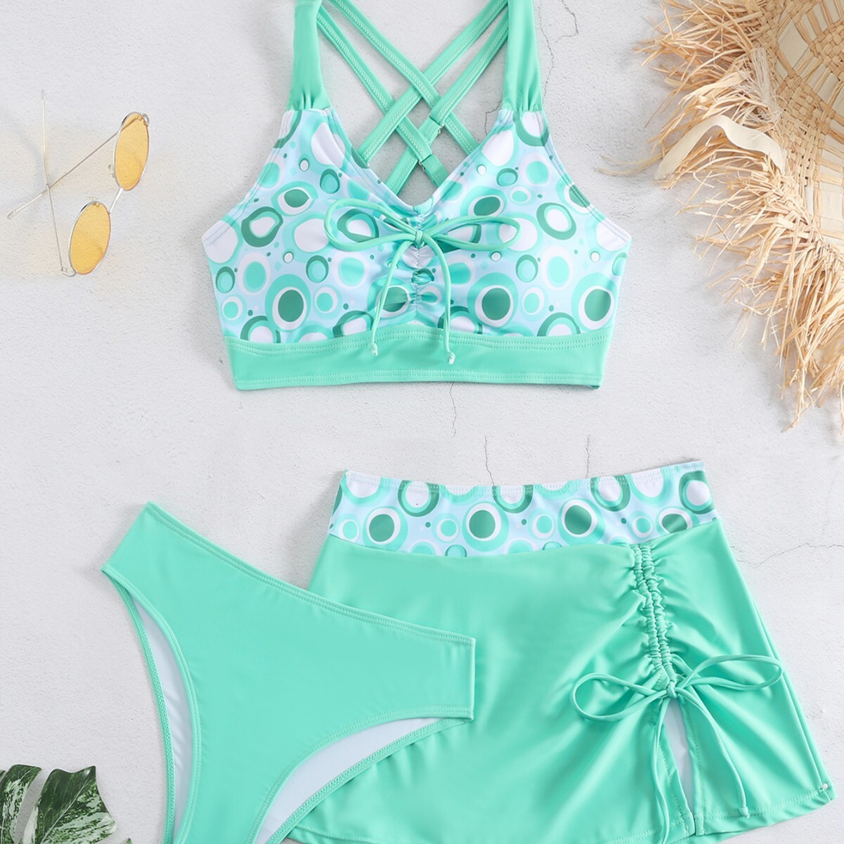 2025 bikini split swimsuit women's skirt style three piece set
