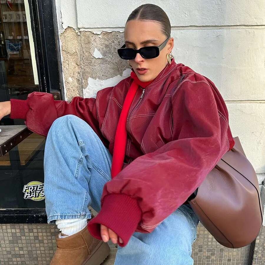 Spring Autumn Leather American Style PU Jacket For Women Solid Color Casual Zipper Sweat Coats Women's Outwears