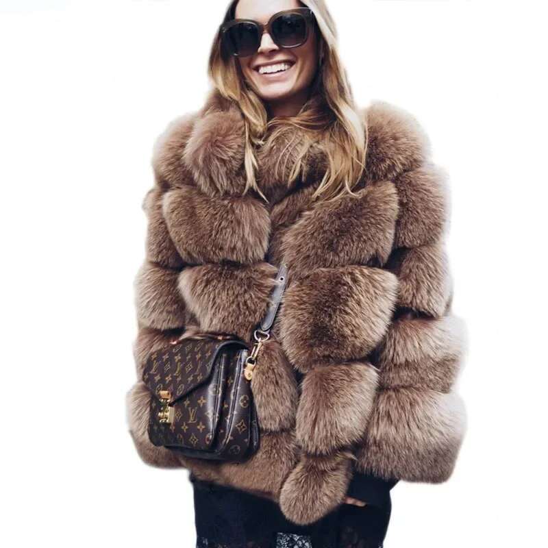 Women Faux Fur Fox Short Coat Jackets Autumn Winter Jacket Furry Outerwear Elegant Splice Thick Warm Coffe Coats