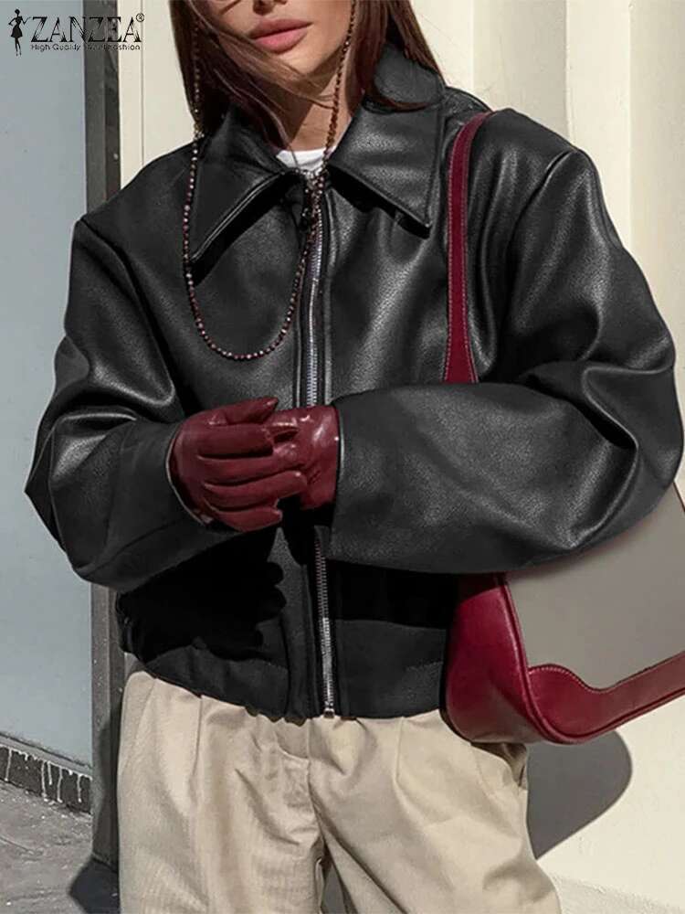 ZANZEA American Retro Women's PU Leather Jackets 2025 Trend Loose Casual Long Sleeve Zip-Up Coats Streetwear Solid Outerwear