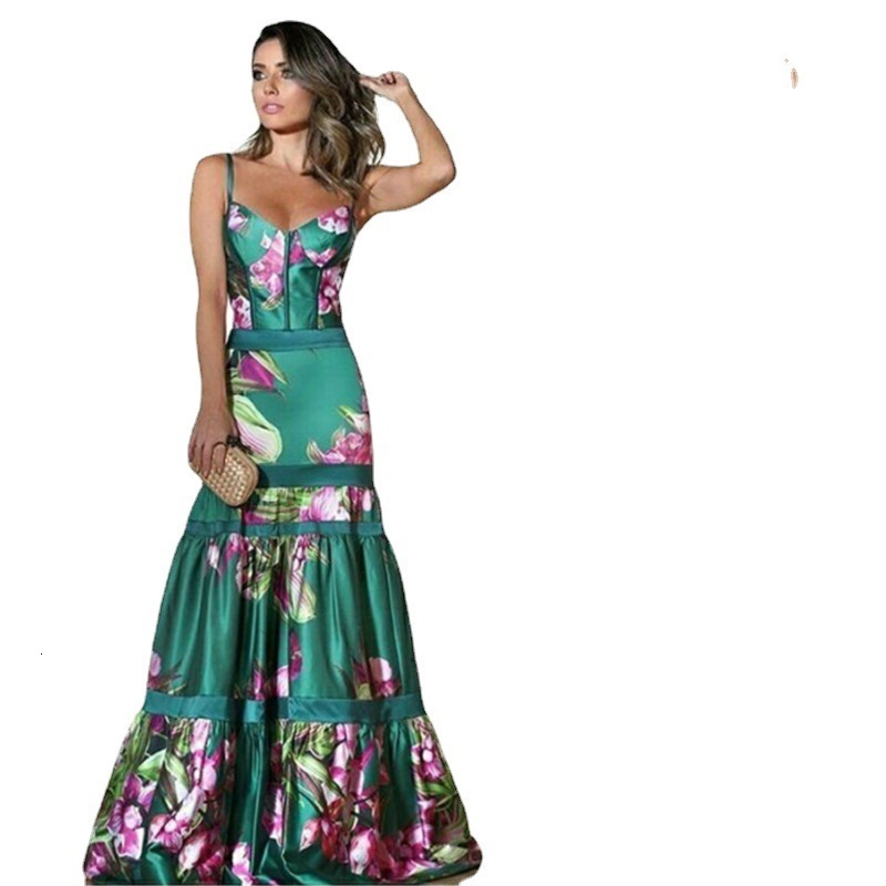 Women Dress Ruffles Lantern Sleeve V-neck Print Dresses Plus Size Long Vintage Sexy Printing Fashion 210513