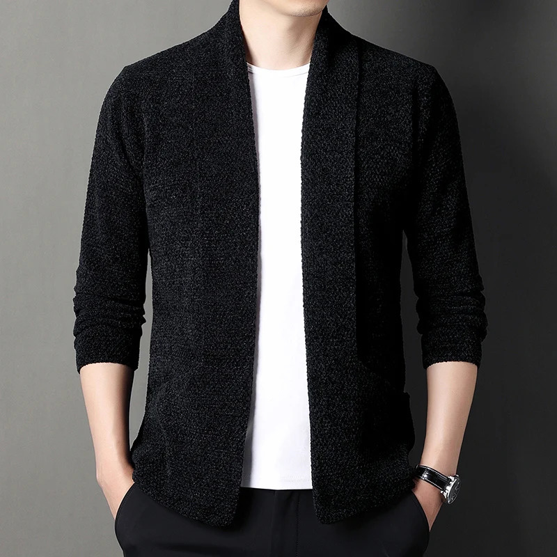 Mens Knitted Cardigan Chenille Lapel Buttonless Solid Color Simple Business Casual Mens Cardigan 250113