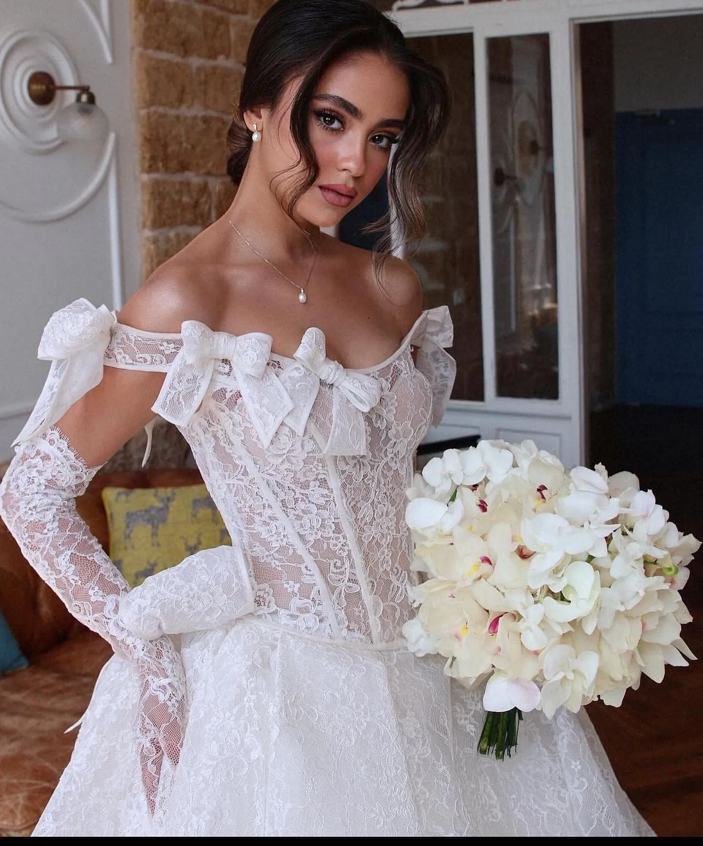 Graceful Full Lace Wedding Dresses Bow Off Shoulder Corset Bridal Gowns Back Lace-up Court Train Ivory Boho Elegant Vestido De Novia 2025