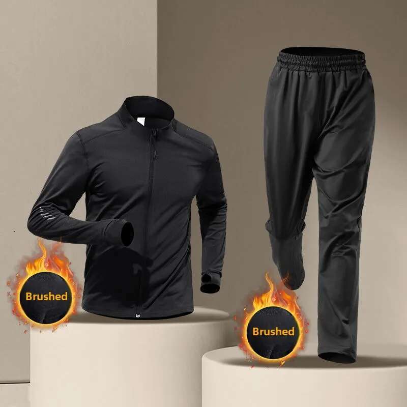 Men's Winter Running Sports Plush Warm Quick-Dry Fiess Jacket Stand Collar Morning Runs Training Mens Sweatsuits Set
