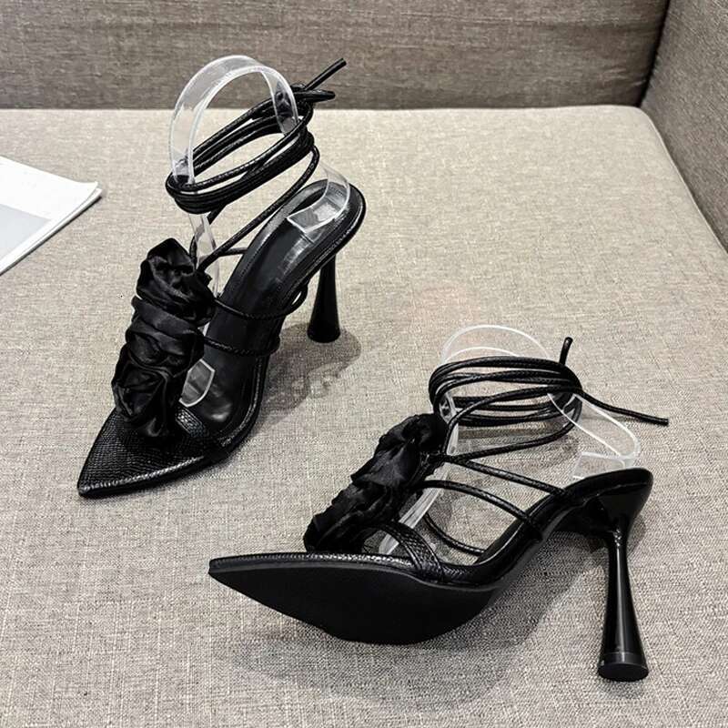 Liyke Size 35-41 Sexy Pointed Toe Lace Up High Heels White Sandals For Women Silk Rose Wers Summer Party Dress Shoes Pumps