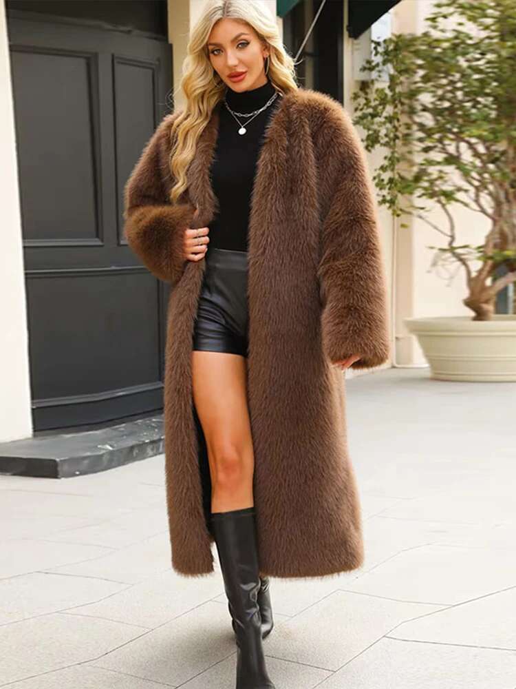 Fluffy Faux Fur Coats Women Vintage Loose V-Neck Long Sleeved Warm Coat Autumn Winter Thickening Chic Lady Outerwear