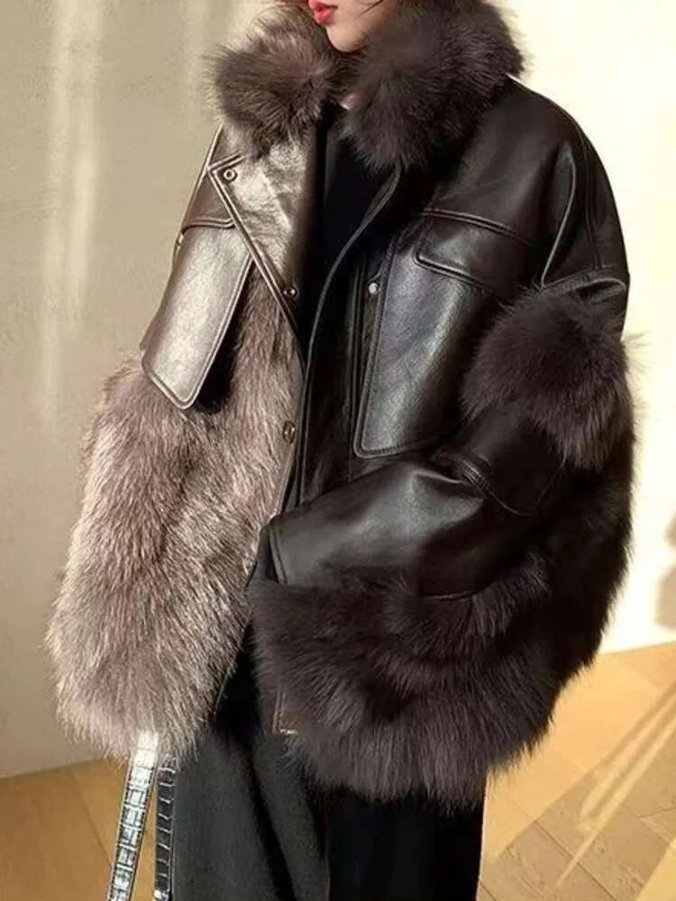UCXQ Elegant Faux Coat Streetwear Stand Collar Double-Faced Fur Splicing PU Fashion Tide Jacket Women 2025 Autumn Winter 185