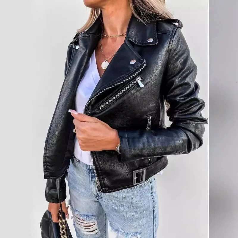 Mandylandy Locomotive Jackets Women Long Sleeve Zipper Fashion Jacket PU Leather Coat Motorcycle Short Coats Outwear