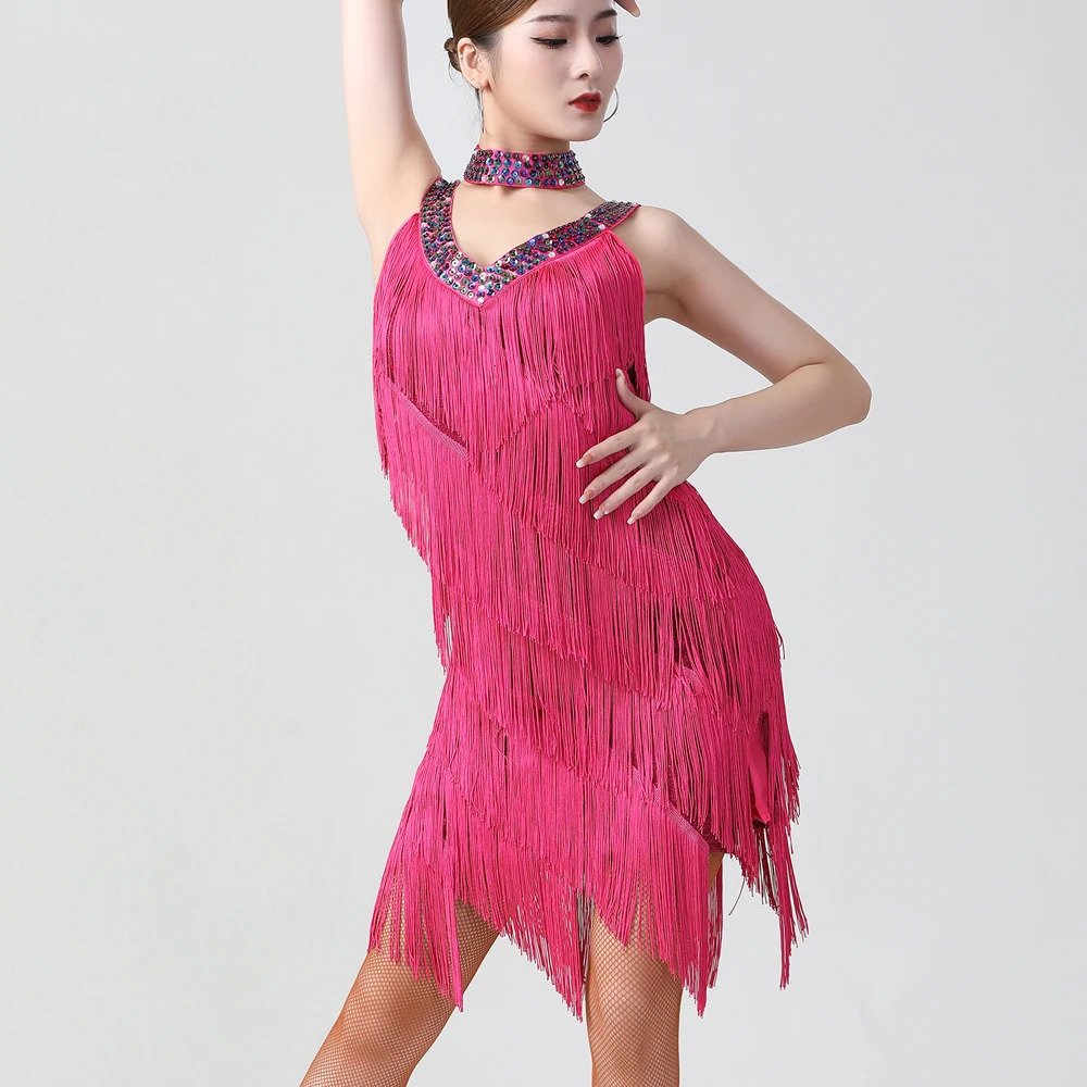 Sexy Women Double V Neck Sleeveless Fringe Dress Sequined Beaded Bodycon Mini Dress Salsa Rumba Samba Jazz Latin Dance Dress 250113