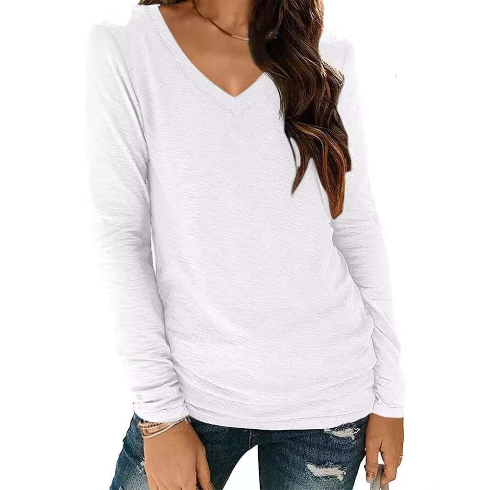 European American V-neck long sleeved women's solid color top T-shirt, 2025 new style, chic and elegant clothing