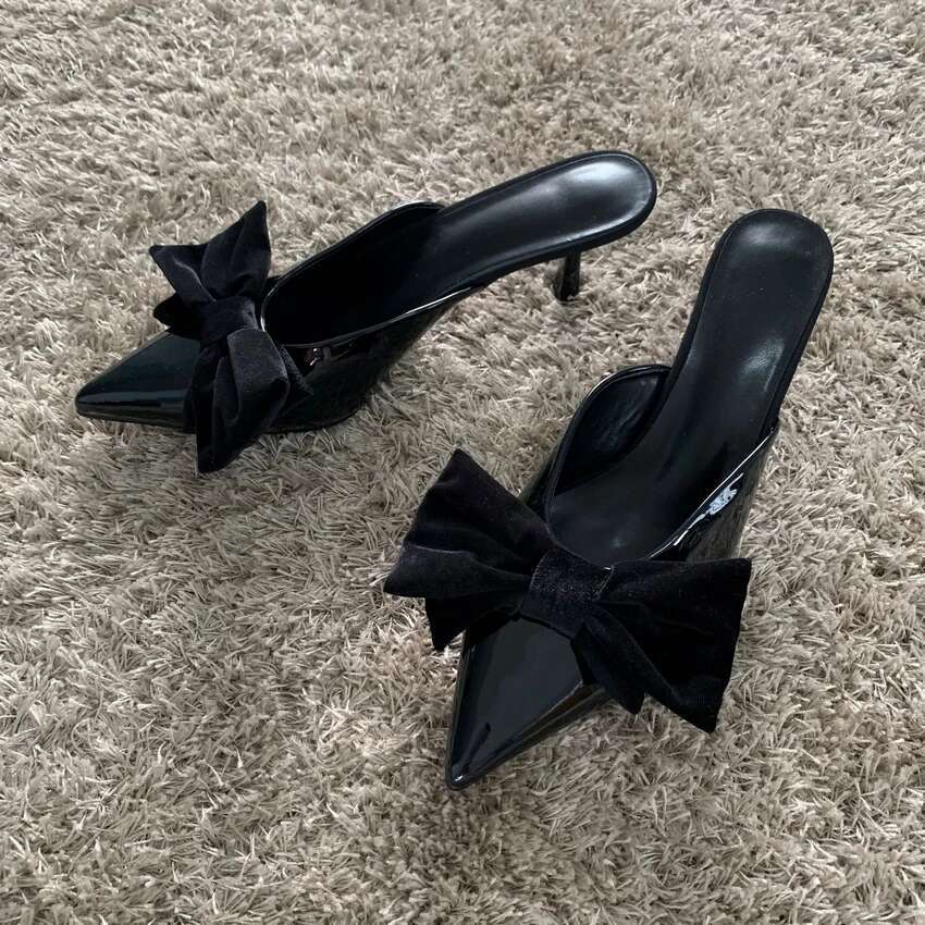 2024 New Womens Butterfly Knot Sandal Shoes Woman Heel Shoe Black Leather High Heels Party Slippers Pumps Sandals