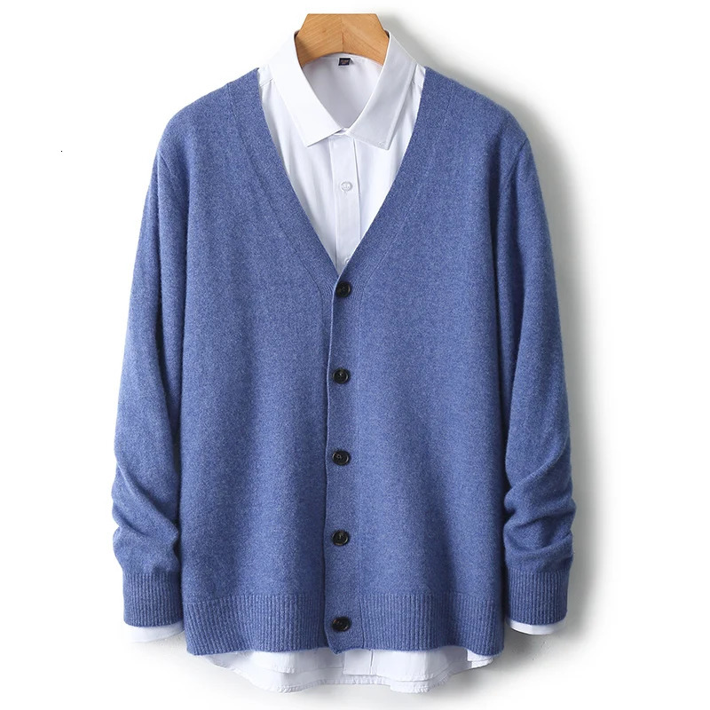 100% Merino Wool Sweater Mens V-Neck Knitted Cardigan Spring Autumn Sweater Casual Loose Large Mens Wear Long sleeves Tops 250113