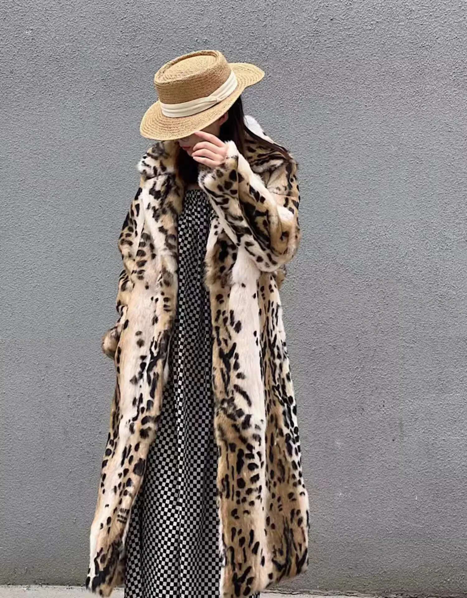 Real Genuine Natural Rabbit Fur Coat Women's Long Fashion English Collar Jacket Outwear Custom Any Size