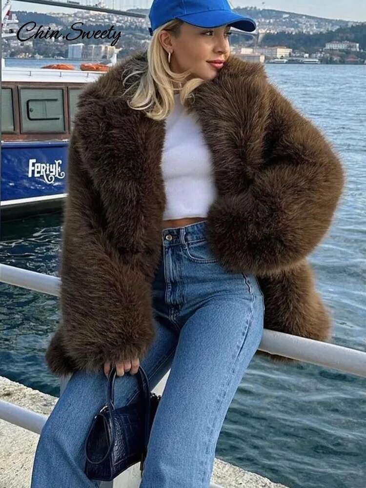 Brown Faux Fur Coats Women Fashion Full Sleeve Lapel Long Warm Jacket 2024 Winter Fluffy Thick High Street Outerwear New