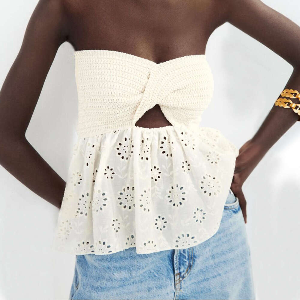 women's hot selg fashion casual knitting embroidery splicing vacation sexy strapless vest top 2025 new style chic elegant clothing