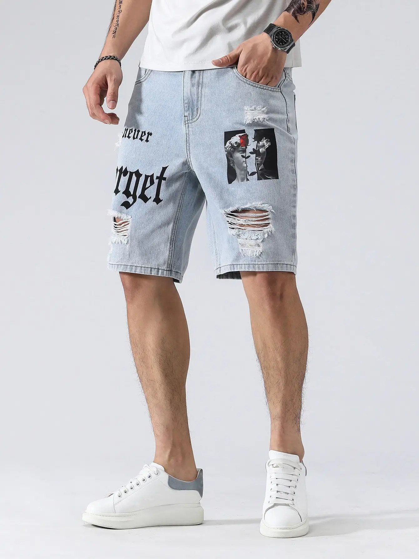 Men Summer Stretchy Denim Shorts Jeans For Men Streetwear Letter Ripped Knee length Baggy Comfort Cargo Casual Shorts Pants Jean 250109