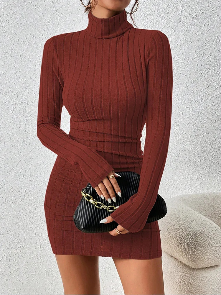Autumn Winter Womens Fashion High Neck Ribbed Dress Solid Color Casual Long Sleeve Tight Mini Clothing 250109