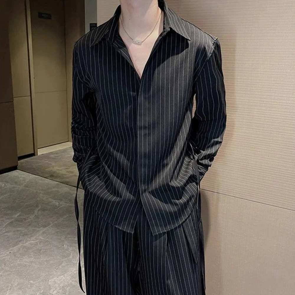 Mens Suit Vertical Stripes Long Sleeved Shirt Waist Belt Vintage Style Autumn Trend Fitting Straight Leg Pants Two-Piece Set 250109