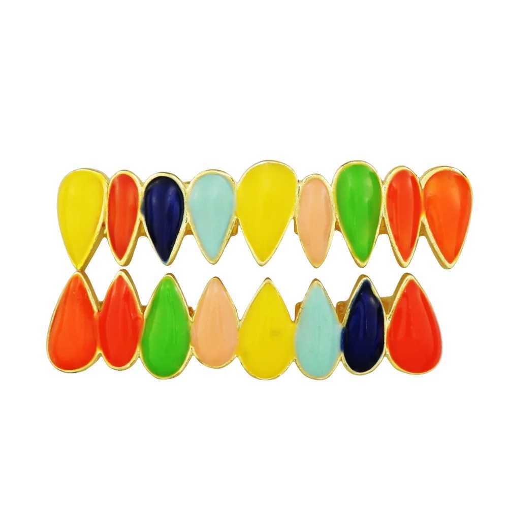 Hip Hop Multi Color Drip Oil CZ Pointy Shape Teeth Grillz Caps Top Bottom Charm Grills For Men Women Jewelry GiftXJ250114