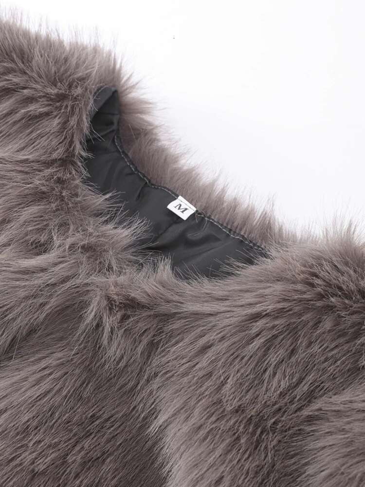 Fluffy Fur For Women Winter Elegant Long Sleeve Faux Furry Jacket Female Round Neck Chic Lady Street Warm Short Coat