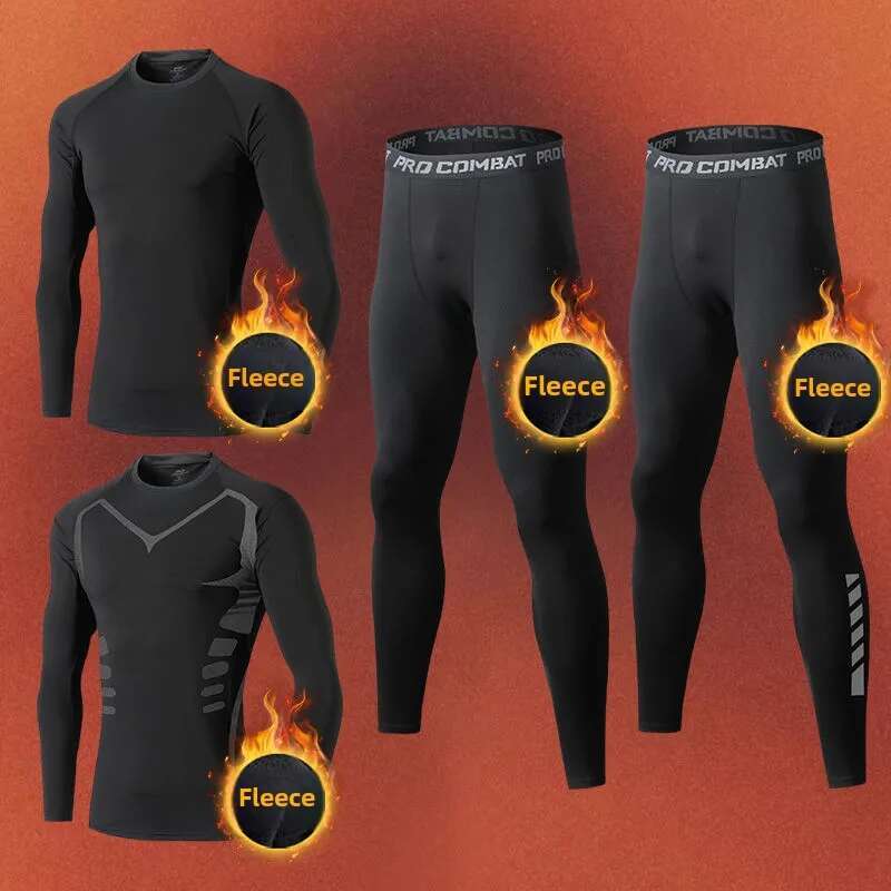 Clothing Winter Warm Undershirts Plush Thermal Underwear Elastic Compression Tights Fiess Men's Track Suit Set