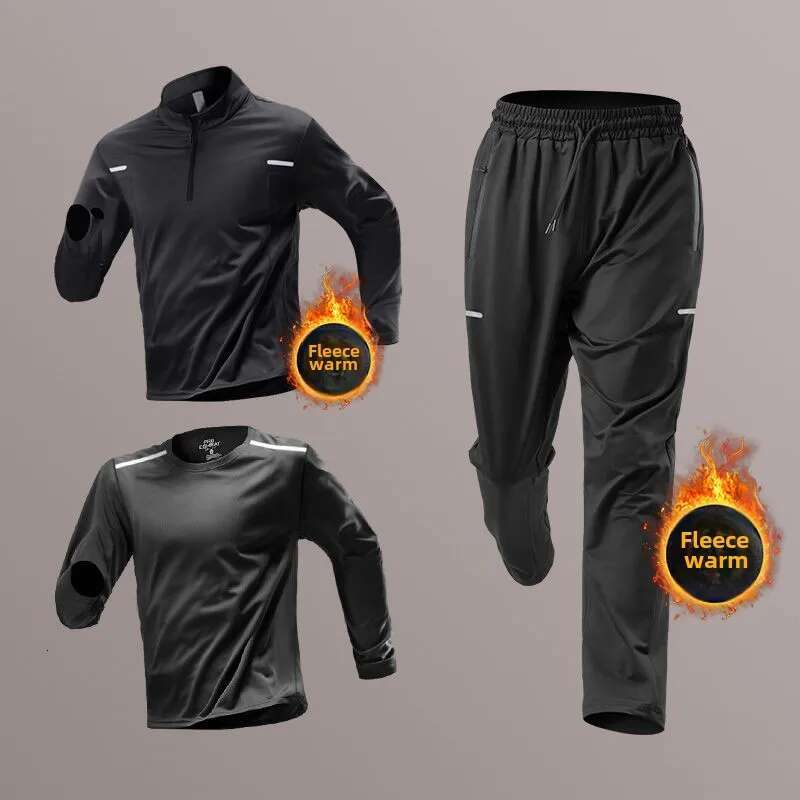Men's Winter Running Set Fleece-Ed Thermal Sportswear Training Fiess Suitable For Track Field Quick-Dry Morning Runs