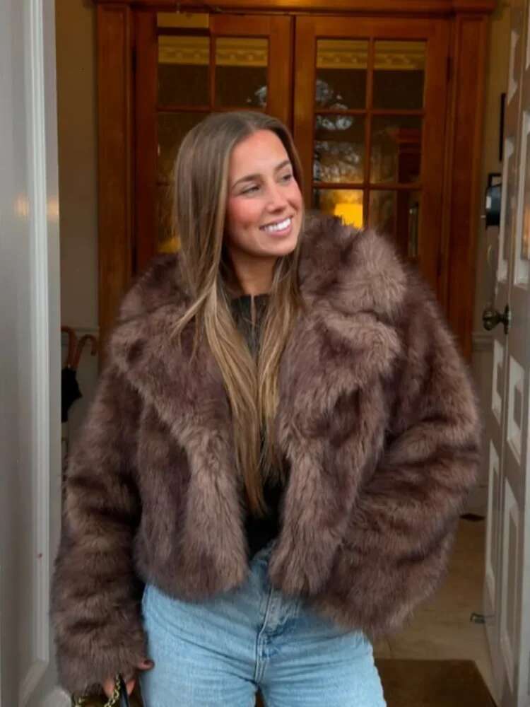 Retro Plush Bury Bomber Jacket Solid Crop Long Sleeve Outerwears Brown Oversized Lapel Faux Fur Women Woman Casual Coat
