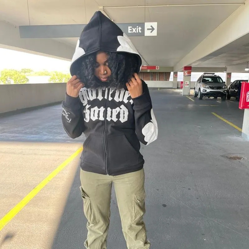 Harajuku Gothic mens womens sportswear Y2K hooded sweater hip-hop Letter Flower print Sportswear oversized streetwear clothing 250117