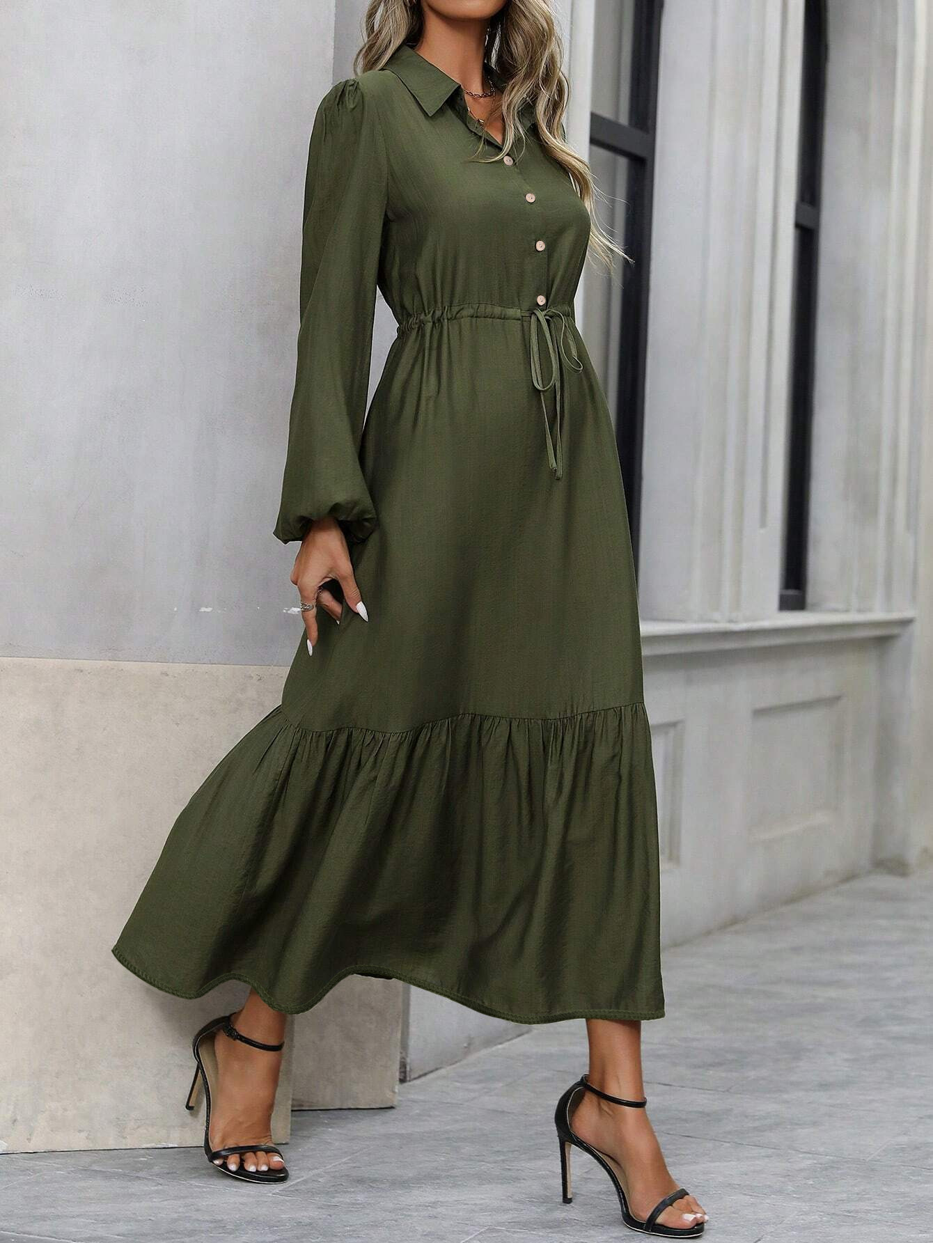 GY6185 Spring Beautiful Ladies Elegant Button Long Sleeve Waist Drawstring Dress