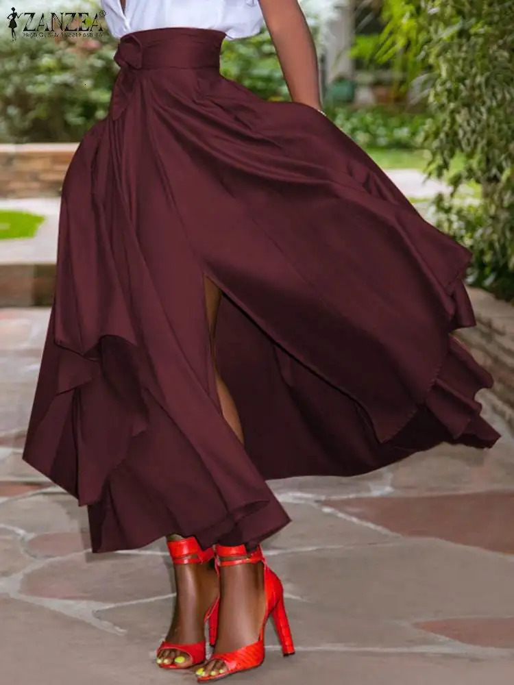 ZANZEA Summer Women Party Split Sundress Stylish Irregular Skirts High Waist Maxi Vestidos Solid Robe Saia Holiday Faldas 250108