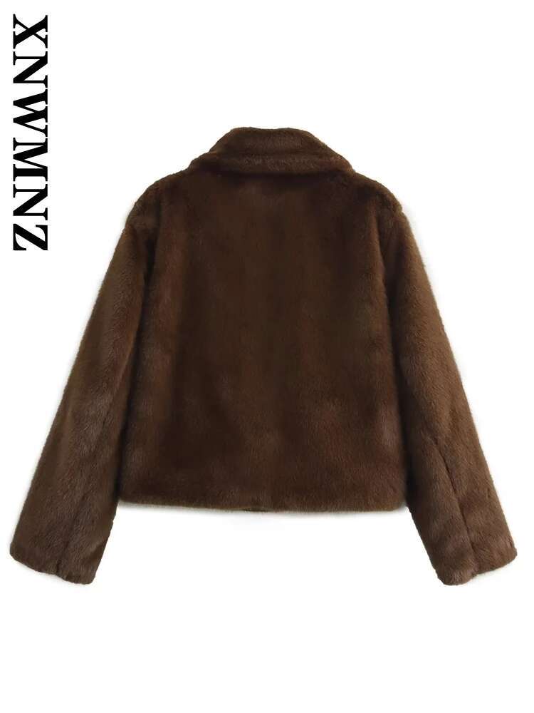 XNWMNZ 2024 Autumn New Woman's Streetwear Faux Fur Coat Top Fashion Winter Female Turn-Down Collar Long Sleeve Outerwear Jacket
