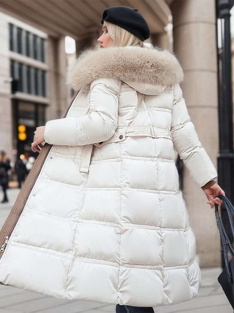 Elegant Cotton Padded Down Coats Women Hooded Furs Collar With Belt Thicken Female Parkas 2024 Winter Fashion Lady Snow Wears