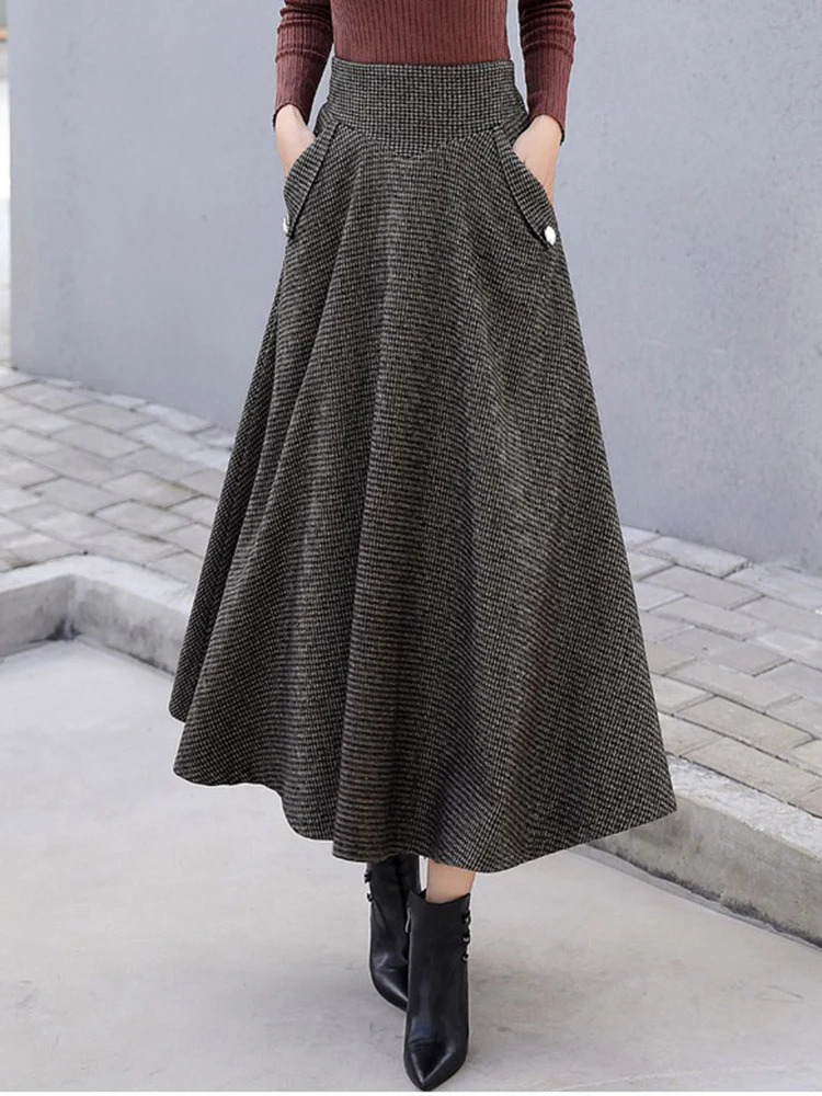 High Waist Vintage Houndstooth Plaid Warm Wool Long Skirt For Women Elegant Casual Big Swing ALine Saias Longas Female 250108