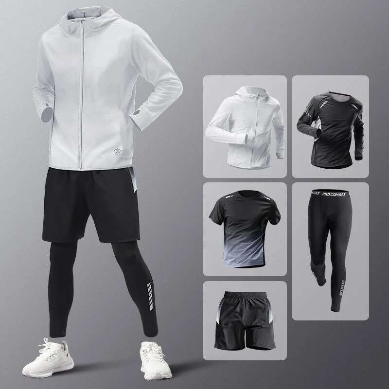 5Pcs Lightweight Summer Ice Silk Athletic Quick-Dry Running Clothes Outdoor Kit Cycg Fiess Men's Sportswear Set