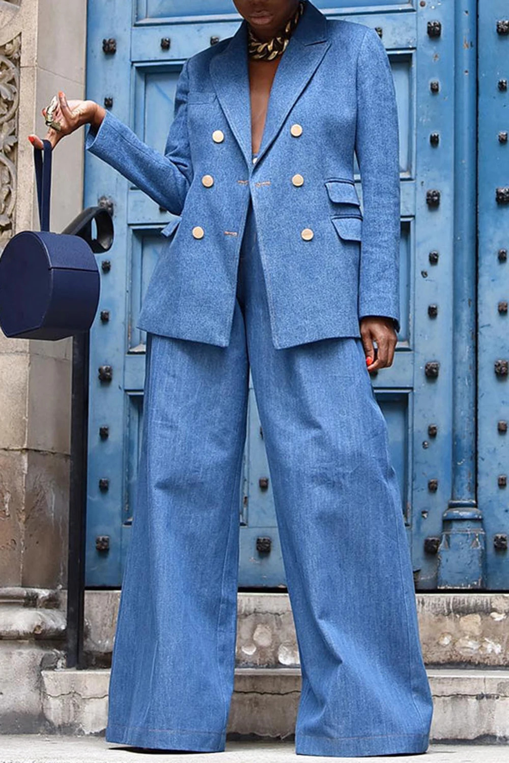 Plus Size Business Casual Light Blue Lapel Collar Long Sleeve Pocket Denim Two Piece Pant Sets 250109