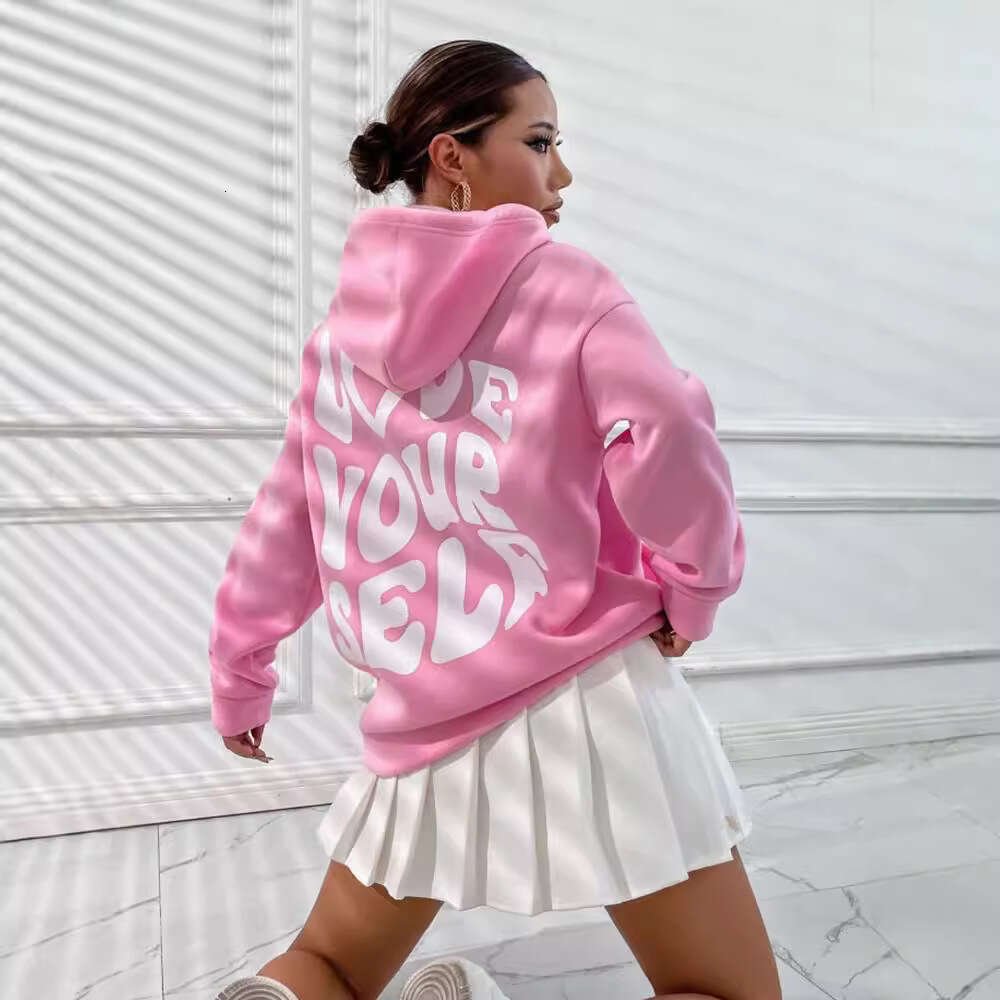 Women's fleece new back letter print hoodie with off shoulder sleeve thread