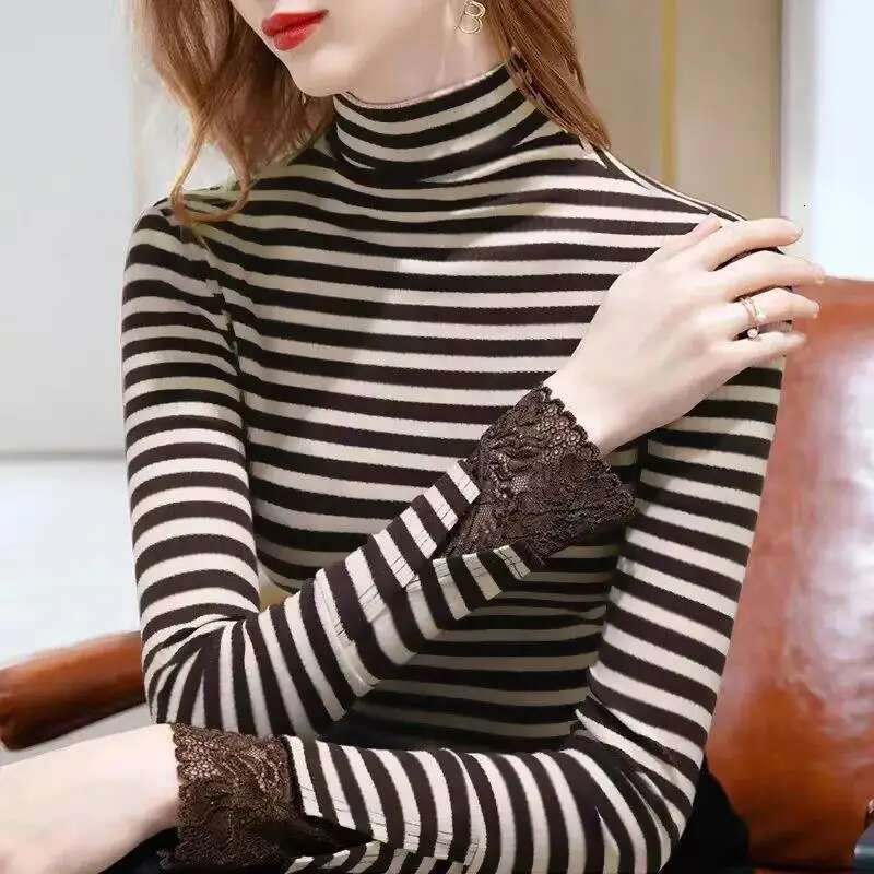 Women's Autumn And Winter New Multifunctional Fashionable Semi High Neck Long Sleeved Solid Color Plush Striped Pullover Shirt Designer T-shirt