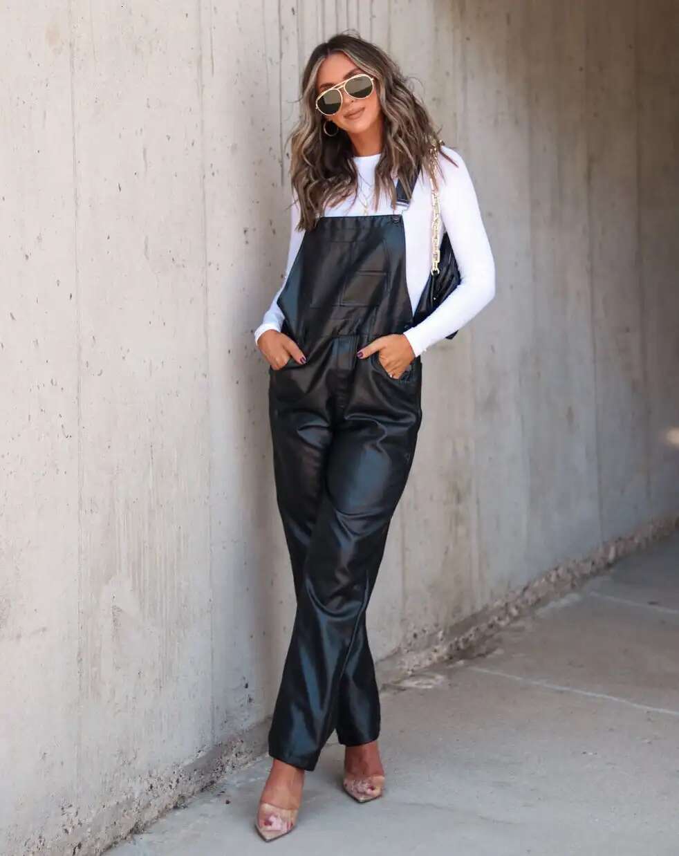 Women PU Leather Bib Overalls Solid Color Loose Casual Sleeveless Cargo Straight Leg 1 Piece Jumpsuit Romper With Pockets