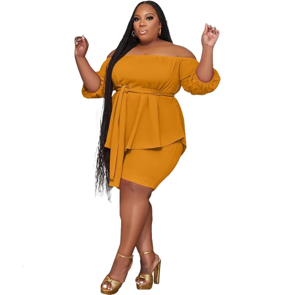 Plus Size Two Piece Outfit In Matching Shorts Sets Loose Top with Bandage Summer Wholesale Drop 2024 250109