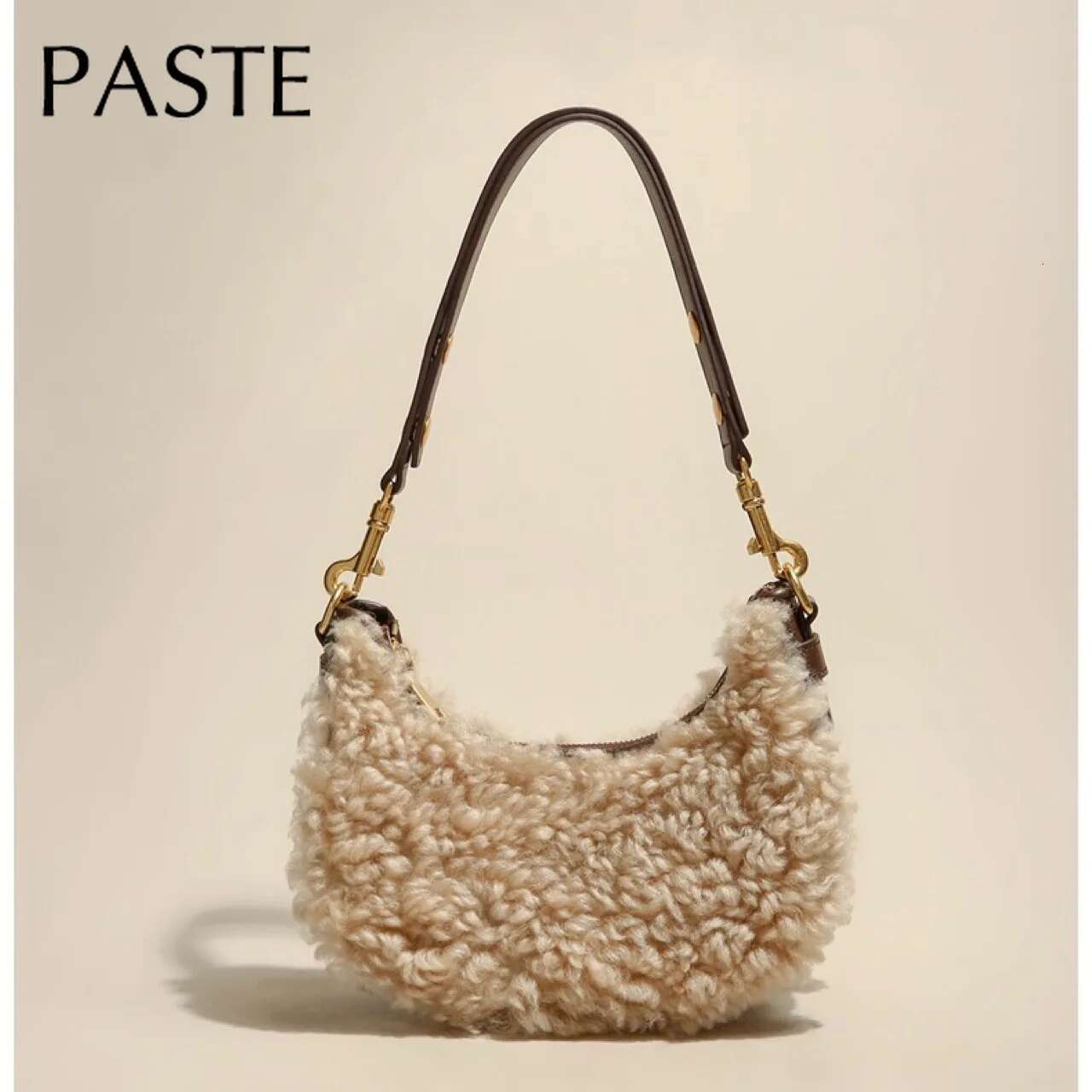 Fashion Winter Plush Wool Fur Kakhi Women Shoulder Cm Leather Underarm High Quality Handbag Half Moon Saddle Bag