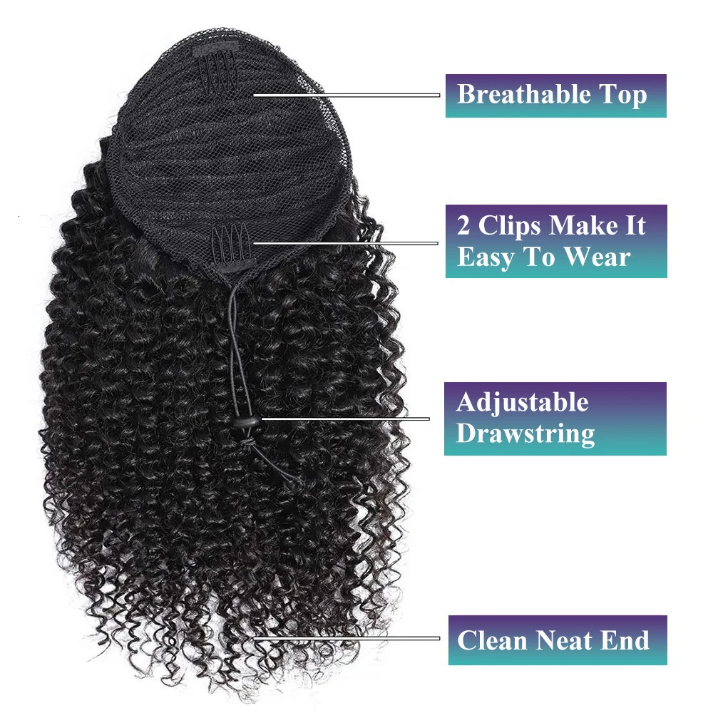 Deep Wave Drawstring Ponytail Human Hair Ponytails #1B Natural Black Curly Clip In Hair Extensions For Daily Cosplay 1 Pieces 250108
