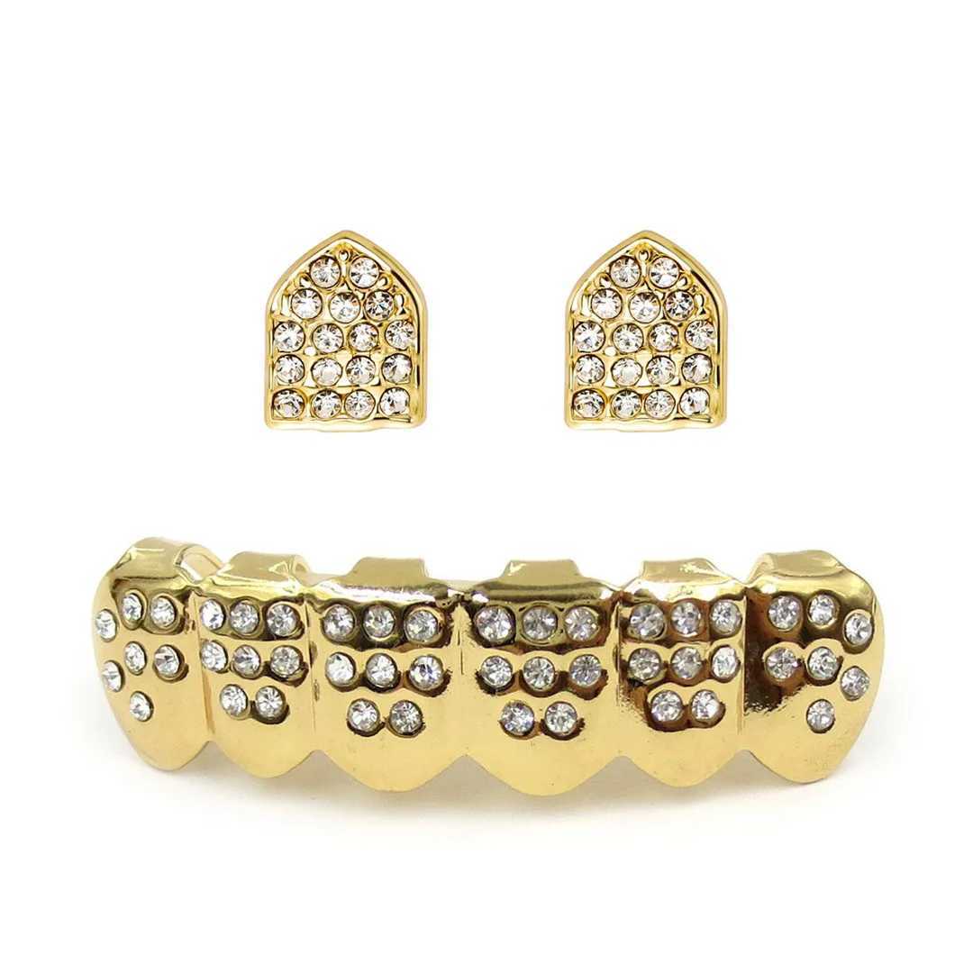 1set CZ Hip Hop Teeth Grillz Gold Plated Dental Grills Rock Tooth Grillz Caps Crystal Teeth Caps Halloween Vampire ToothXJ250114