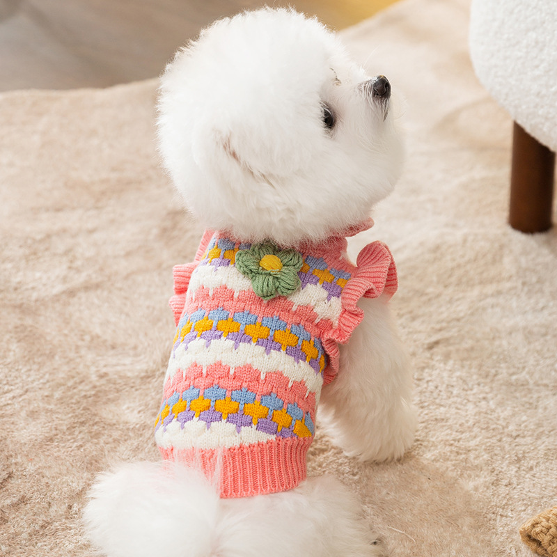 Dog Sweater 3D Small Flower Color Dog Teddy Pet Clothes Autumn and Winter Warm Knitted Sweater Small and Medium Sized