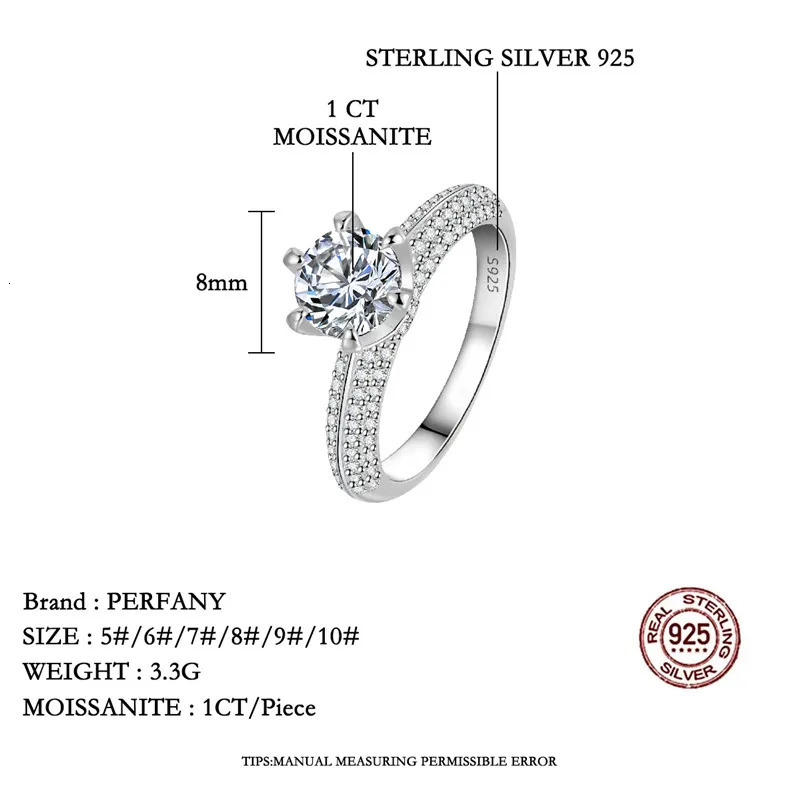 PERFANY 2CT Ring for Women S925 Pure Silver Laboratory Certified Cultivated Diamonds Eternal Wedding Jewelry 250110