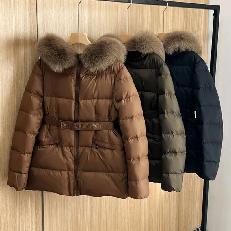 Janveny 2024 New Winter Hooded Short Large Fox Fur Feather Neck Duck Down Coat Women Waist Slim Fit Puffer Lightweight Jackets